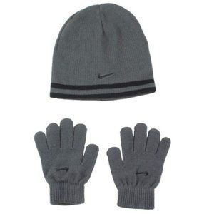 NWT Nike Youth Beanie Hat and Glove Set Gray with Black Stripe One Size